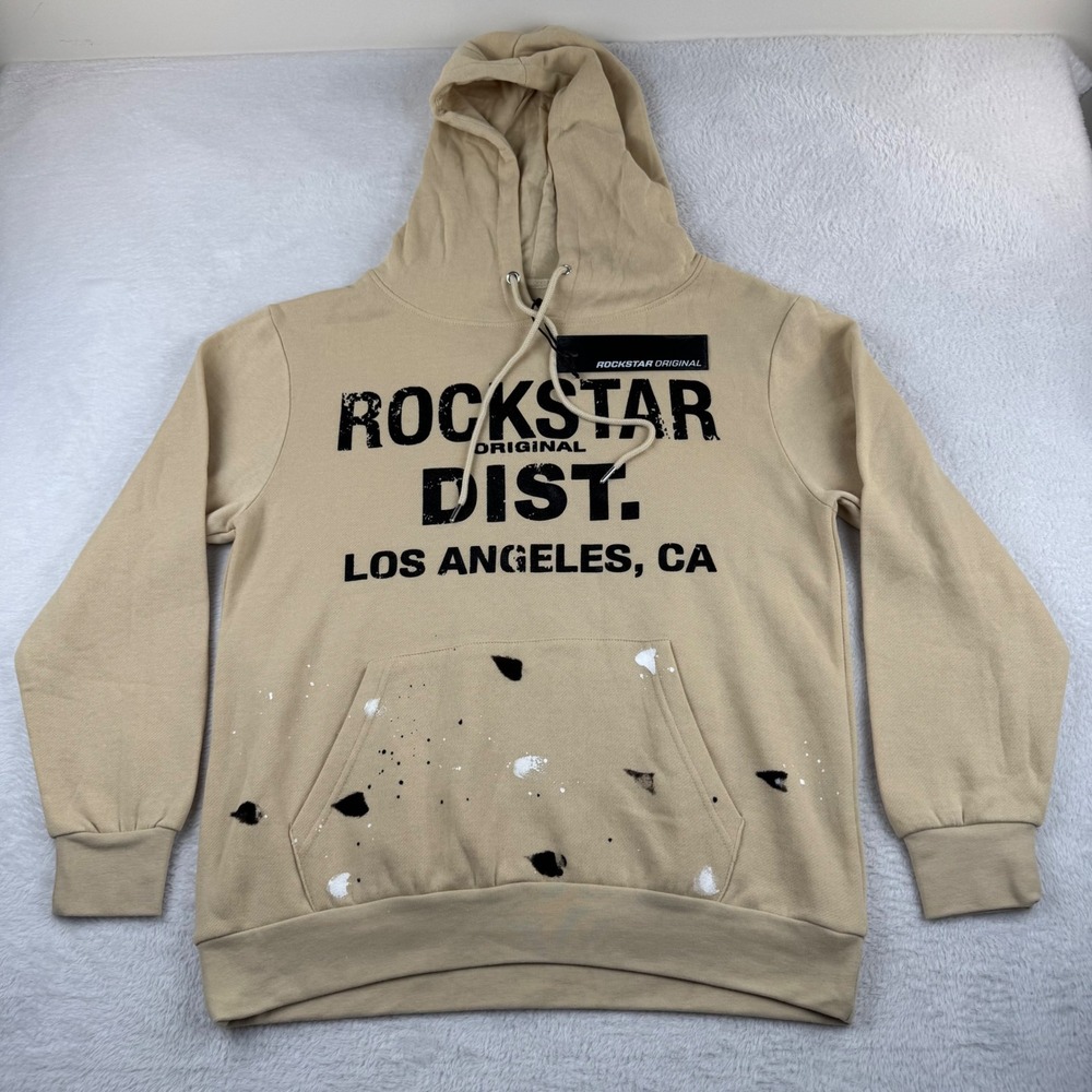 New! Rockstar Original Hoodie Men S Beige Scottie Relaxed Paint Splatter Graphic